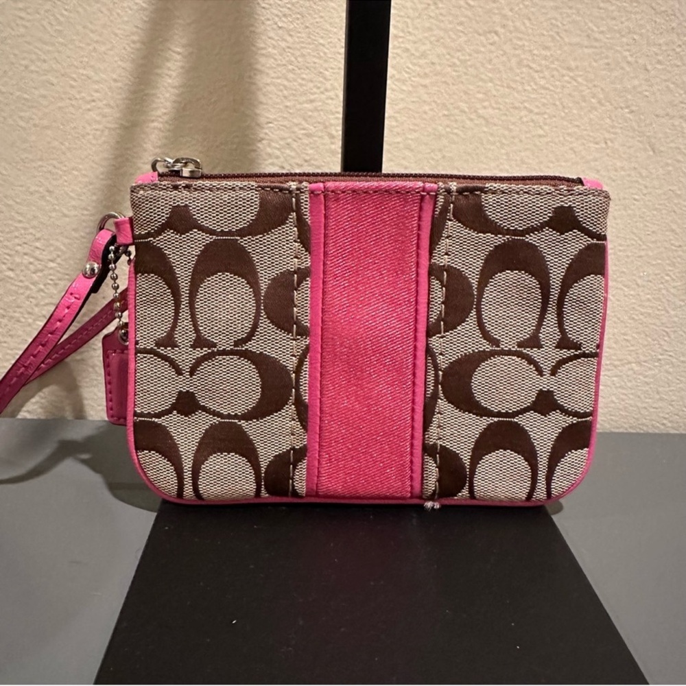 Coach Brown Signature Canvas Wristlet with Pink Stripe